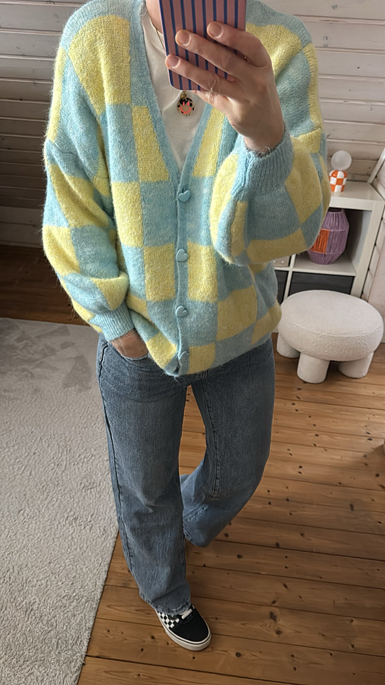 Strickjacke Schachbrett Cadigan Herz Knopfleiste