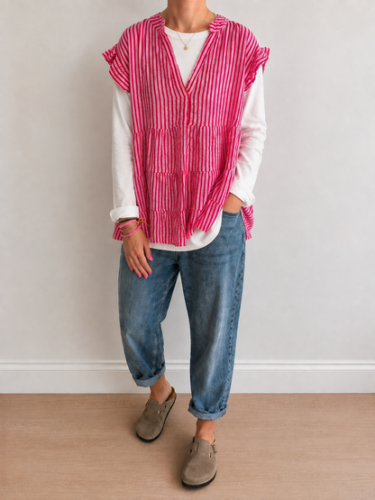 Musselin Tunika Bluse STREIFEN KURZARM ONESIZE 3 Farben