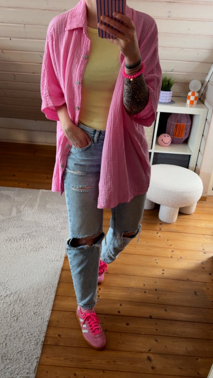 Musselin Bluse kurzarm Onesize lang 10 Farben