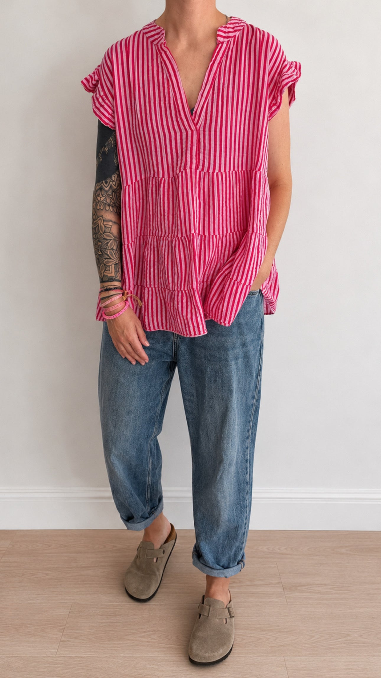 Musselin Tunika Bluse STREIFEN KURZARM ONESIZE 3 Farben