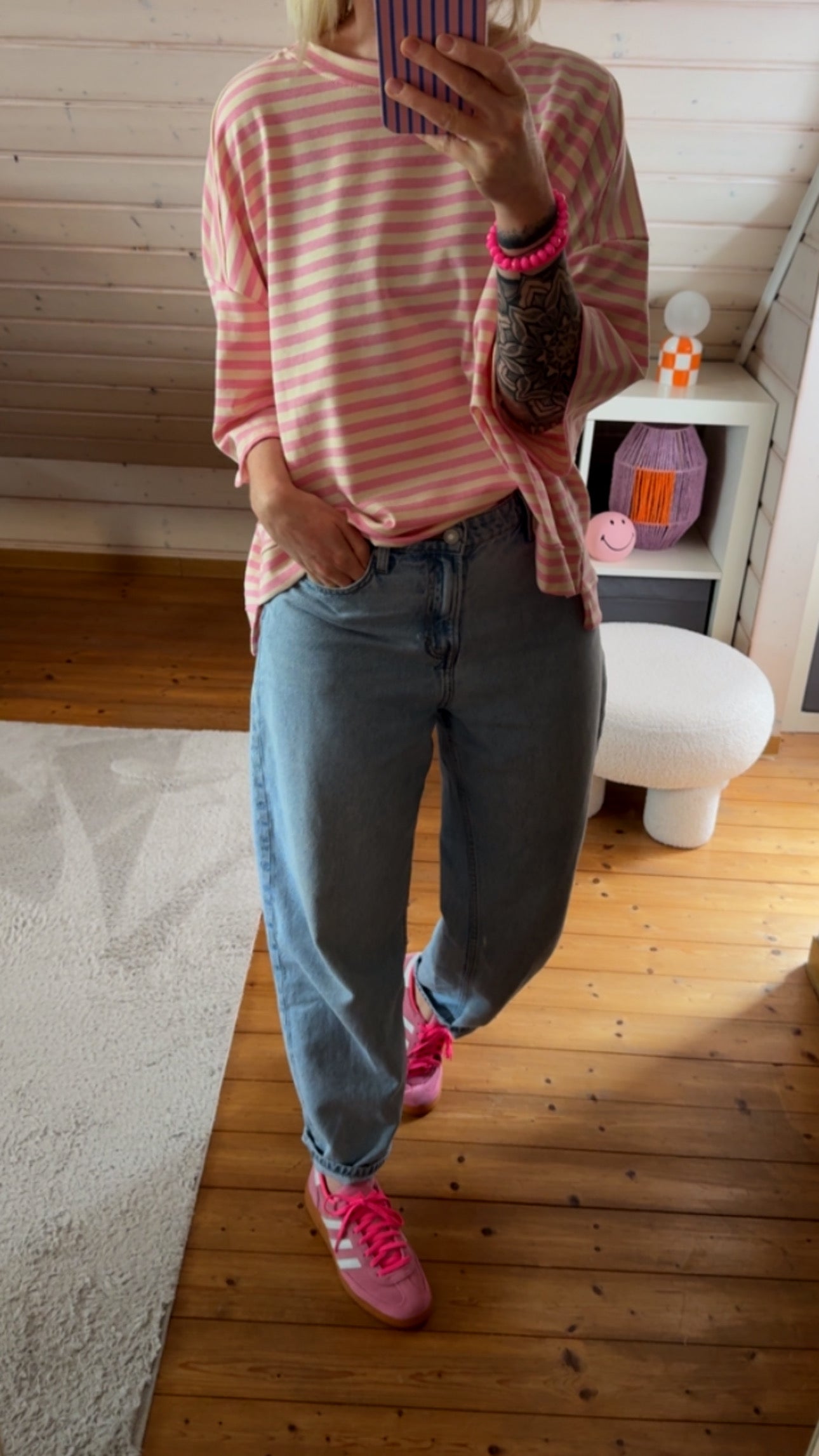 T-Shirt STREIFEN FRENCH TERRY SOHO NYC Patch Neon Pink