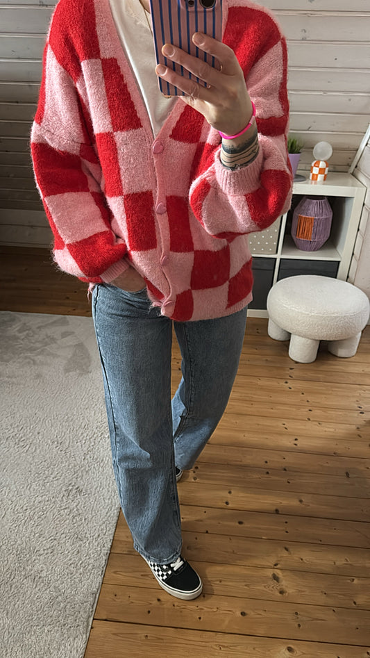 Strickjacke Schachbrett Cadigan Herz Knopfleiste