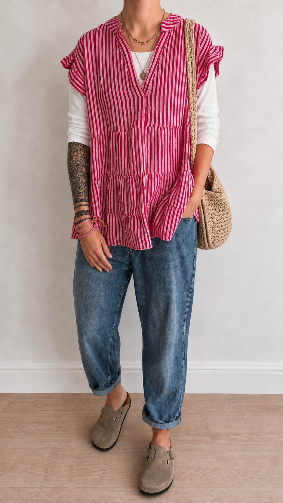 Musselin Tunika Bluse STREIFEN KURZARM ONESIZE 3 Farben