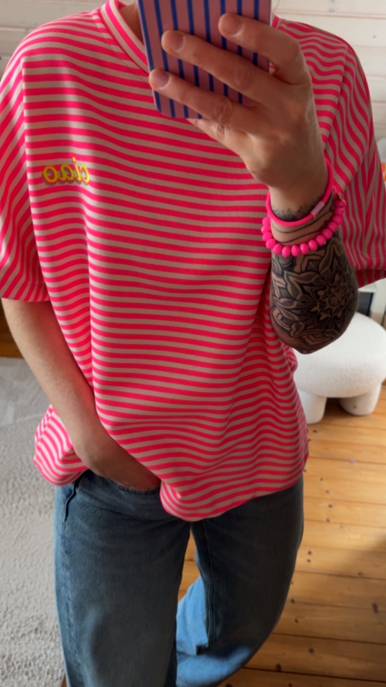 T-SHIRT PREMIUM STREIFEN FRENCH TERRY CIAO STICKEREI