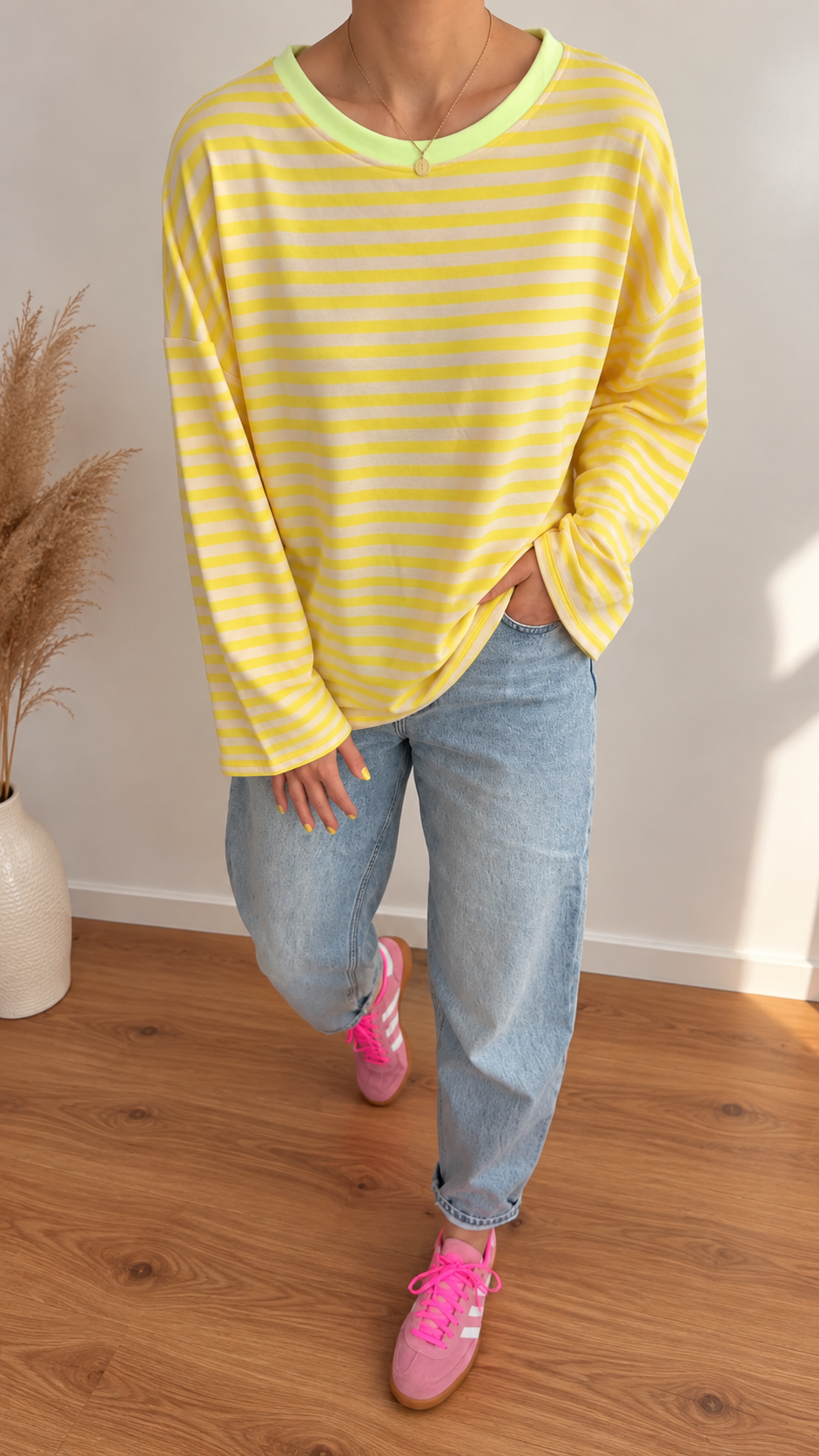 BASIC LONGSHIRT Gestreift/ Neon Detail