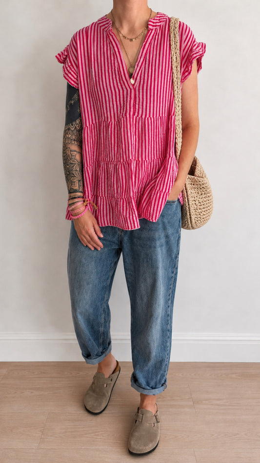 Musselin Tunika Bluse STREIFEN KURZARM ONESIZE 3 Farben