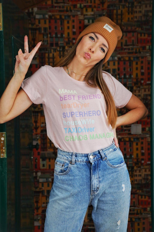 DAMEN BASIC TEE *MAMA SUPERHERO RAINBOW*